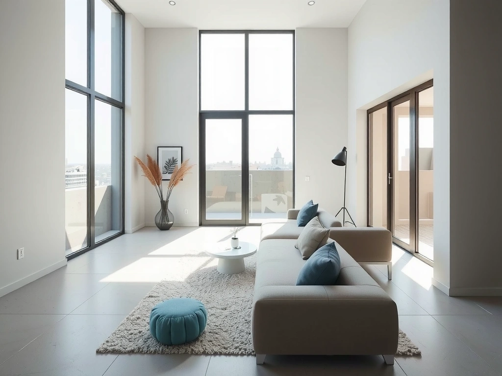 Render de sala con luz natural